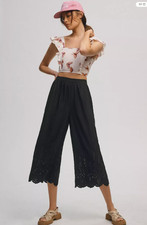 Anthropologie Pants Black 4 Eyelet Embroidered Wide Leg Cropped Scallop Hem