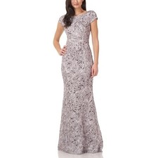 JS Collections Embroidered Lace Short Sleeve Trumpet Gown Dusty Lavender Size 2