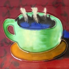 Coffee cup hand painted ceramic art tile coaster 4 x 4 inches with back