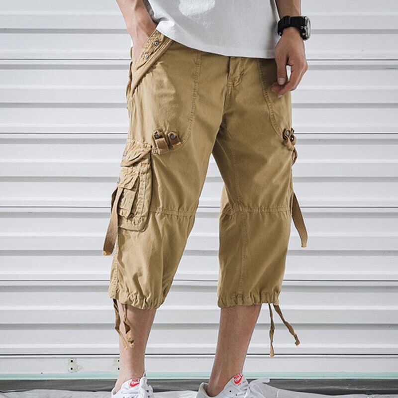 Mens Casual Solid Color Trousers Men Jogger Leisure Capri Bottoms Lightweight