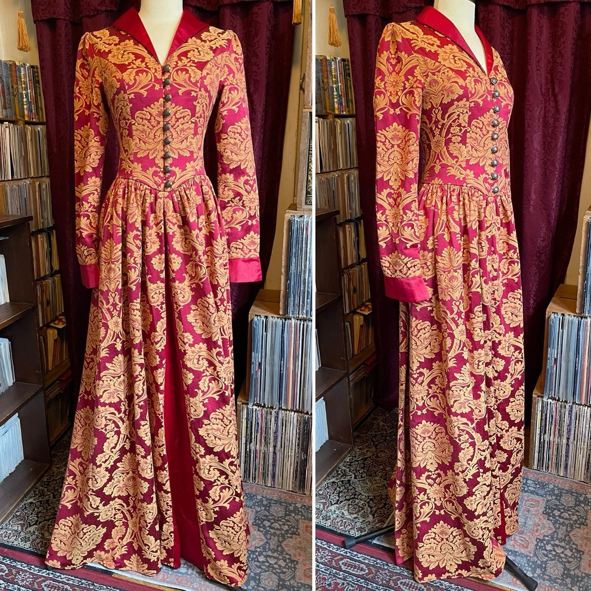 Vestido Dickens Goth reproducción Victorian Choice años 1800 rojo y dorado brocado