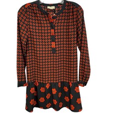 LOFT Outlet Petite Dress XSP Navy Red Floral Print Long Sleeve Ruffle Hem