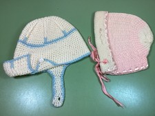 2 Vintage Hand Knit Baby Bonnets 1930s 1940s