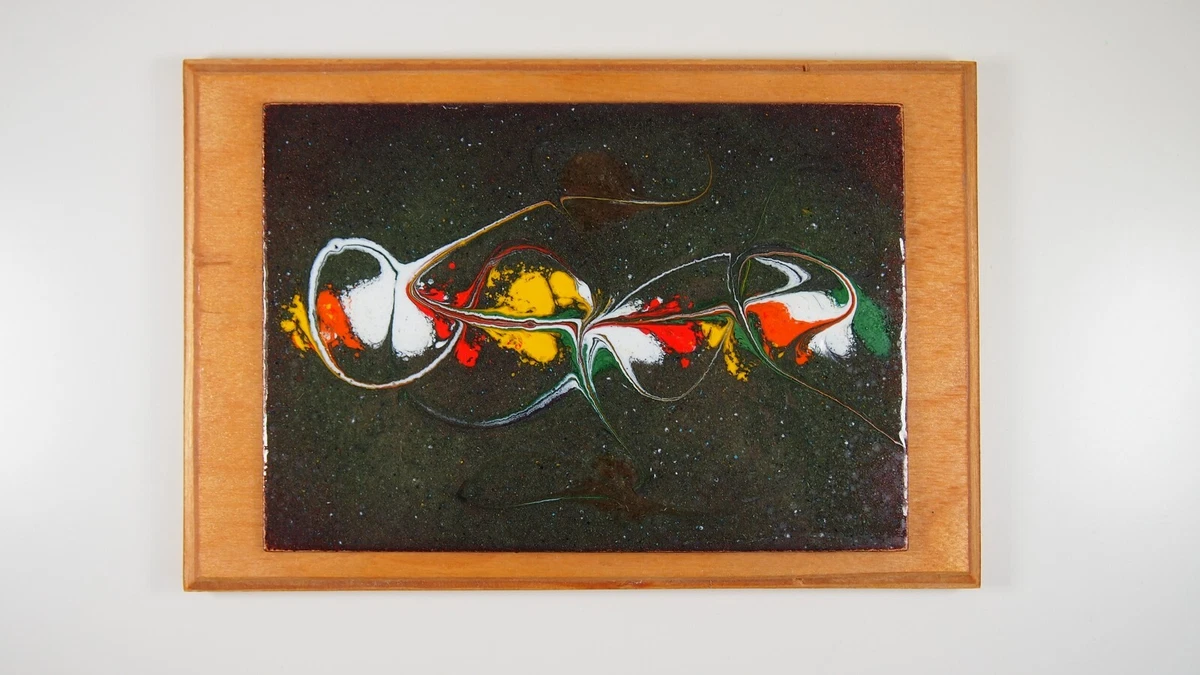 Bild Emaille Metallplatte auf Holz Abstrakt Rot Weiß Grün  Vintage 60s 70s MCM