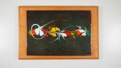 Bild Emaille Metallplatte auf Holz Abstrakt Rot Weiß Grün  Vintage 60s 70s MCM - Bild 1 von 4