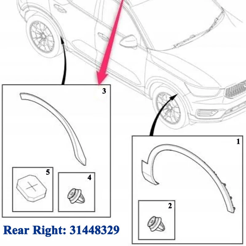 For Volvo XC40 2018 2019-24 Rear Right Wheel Arch Fender Flare Molding 31448329 - Изображение 3 из 4