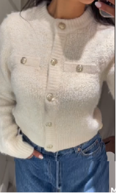 H&M Wool Blend Fitted Knitted ❤️ CREAM Bouclé Cardigan Top Jacket Sweater  sz S