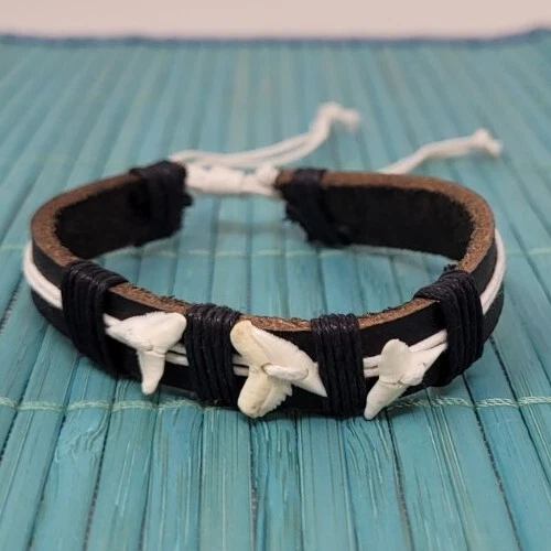 Fossil Shark Tooth Bracelet Surfer Bracelet Shark Teeth Bracelet Cuff Leather - Image 2 of 4