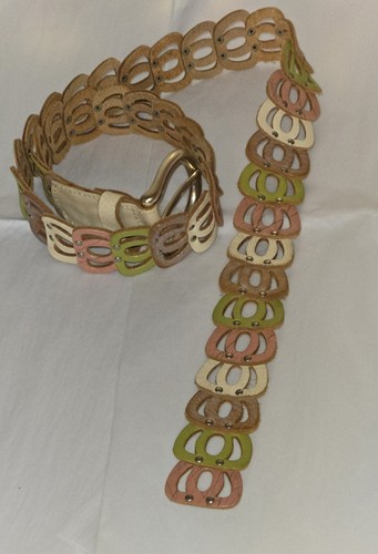 FOSSIL Women's Large Genuine Leather Belt Multi Color Gold Buckle