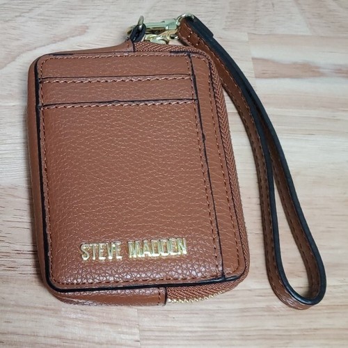 Steve MADDEN PEBBLED FAUX BROWN LEATHER WRISTLET Zip ID Credit Card - Picture 4 of 5