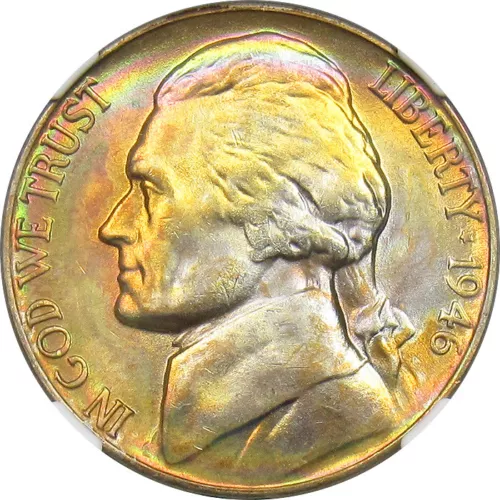 1946-D Jefferson Nickel NGC MS66 (Spectacular Rainbow Toning)