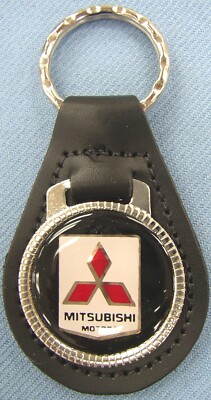 Vintage Black MITSUBISHI MOTORS Black Leather Key Ring Key Fob Key