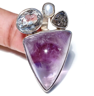 Starborn 925 Sterling Anhänger mit lila Amethyst, schwarzem Druzy & klarem Edelstein