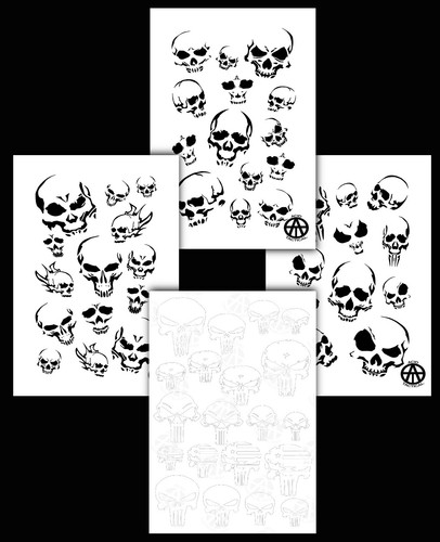 4PK RC Model Spray Paint Camo Gun Stencils Adhesive & Mylar PUNISHER & SKULLS - Picture 1 of 12