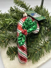 Old World Christmas Holly Candy Cane Glass Ornament 36083