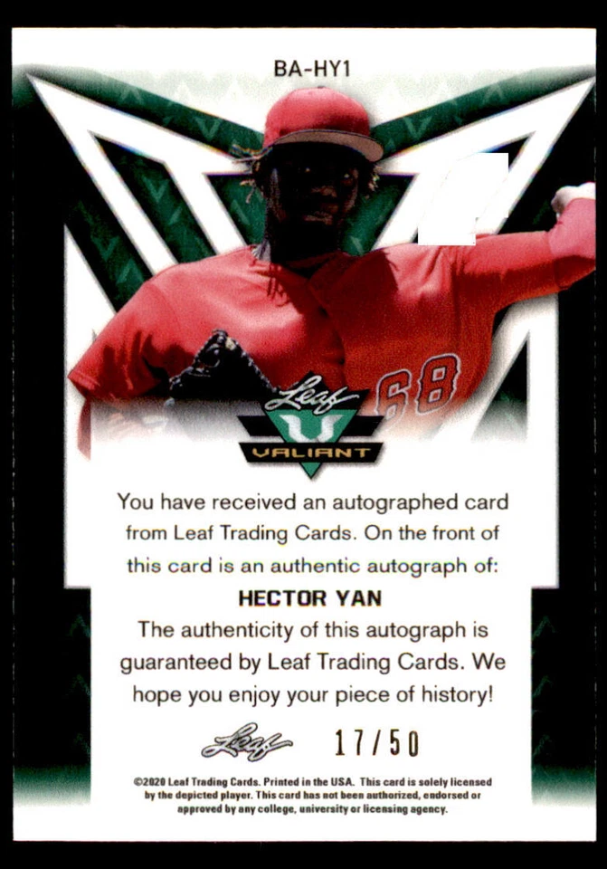 2020 Leaf Valiant Blue #BAHY1 Hector Yan /50 - Image 2 of 2