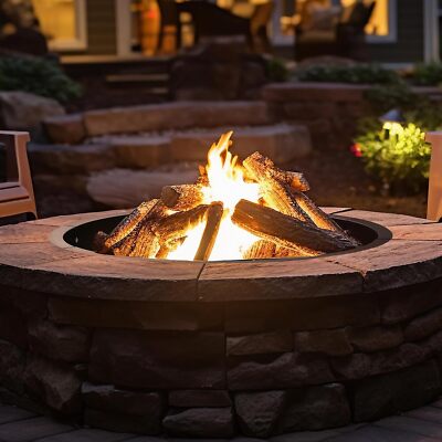 36'' Round Fire Pit Ring Solid Steel Firepit Liner for Outside Patio Wood Burning