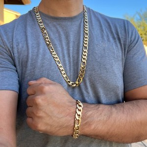 Authentic 14k Gold Plated Hip Hop Chain Figaro Necklace 30" x 12MM and Bracelet Combo Set