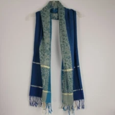 Blue Ablong Scarf with Patterned Design & Decorative Fringe