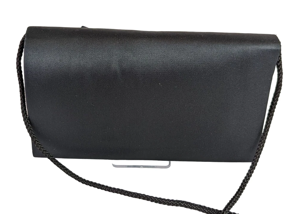 Bolso de Noche La Regale Negro Satinado con Lazo Cierre a Presión Cuerda Cartera de Hombro Foto 3 de 4