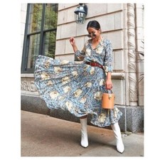 Morris & Co x HM Women Midi Dress Front Button Long Sleeve Blue Yellow Size 2