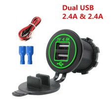 Green LED Dual USB Charger Socket Power Outlet 4.8A with Wire for Auto Car Truck