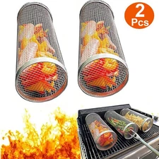 2PC Rolling Grill Basket BBQ Net Cylinder Barbecue Grilling Meat Vegetables Cage