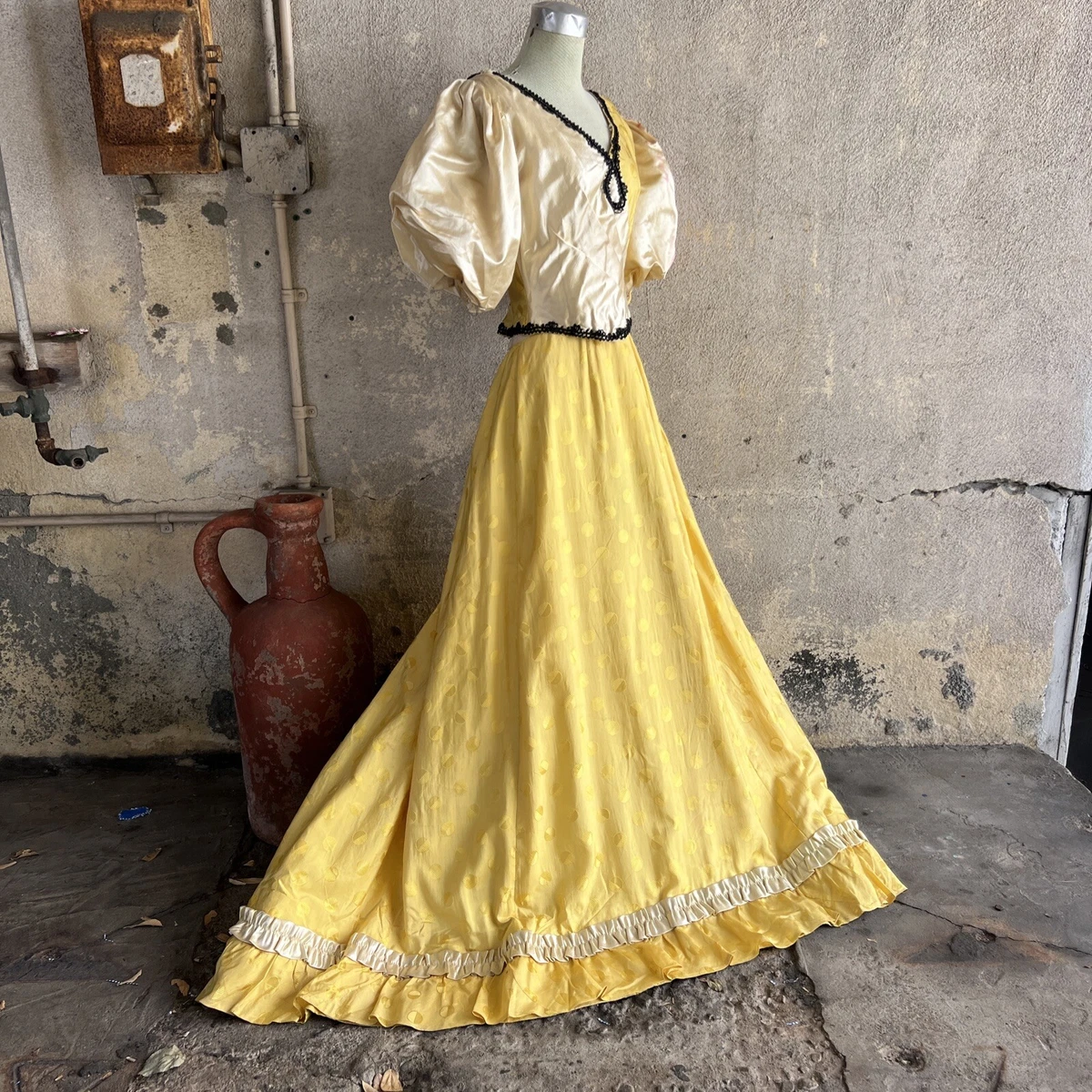 Antique Victorian Yellow Brocade Silk Puff Sleeve Dress Lace Up Corset Vintage