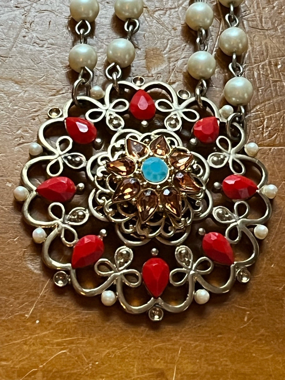 Vintage Carolee Signed Faux Pearl Gemstone Filigree Medallion Necklace 20” RARE image 3