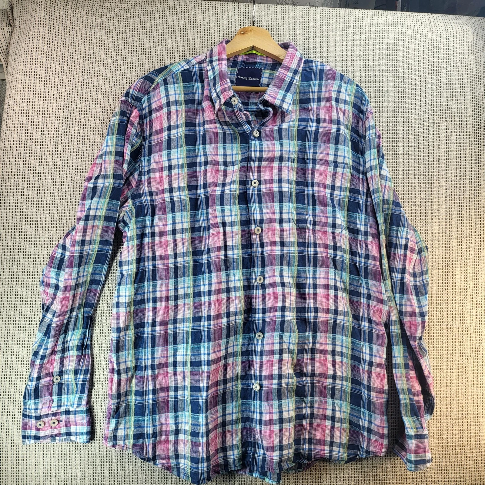 Tommy Bahama Linen Shirt Mens XL Blue Pink Plaid Long Sleeve Button Front Casual