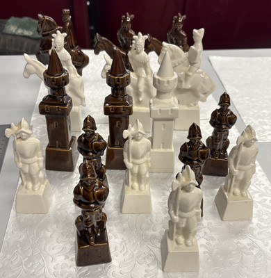 16 Piece Ceramic Chess White and Brown Some Crazing 1 Has Chip