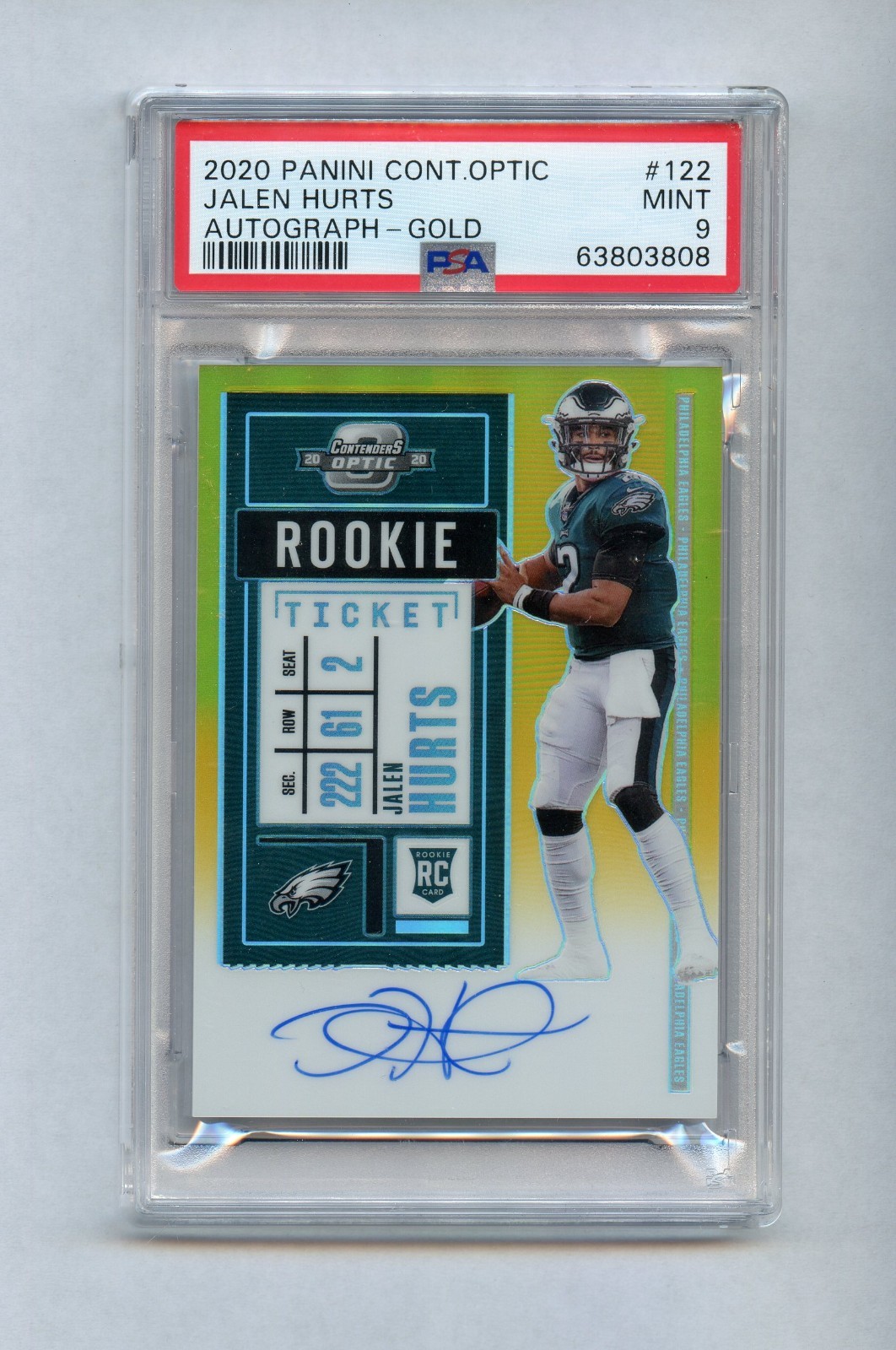 JALEN HURTS 2020 Contenders Optic Rookie Auto /10 Gold Prizm #122 PSA 9