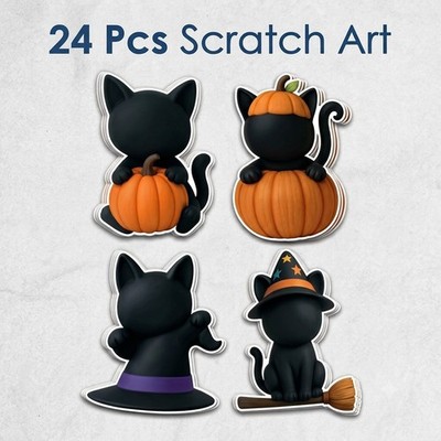 24 PCS Magic Rainbow Scratch Paper Halloween Cats No Mess Craft / Party Set RBX