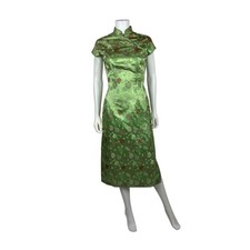 Vintage 50s Green Cheongsam Womens XS Floral Satin Brocade Mandarin Collar Frog