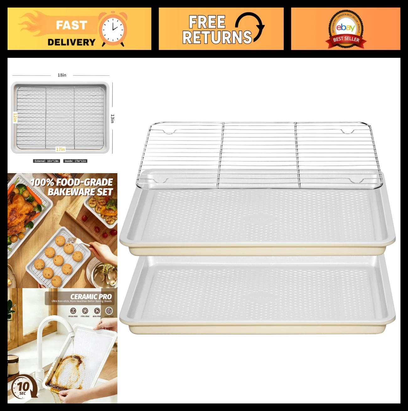 Nonstick Ceramic Baking Sheets with Rack, 2-Pack Half Sheet Pans, Oven Safe 550°