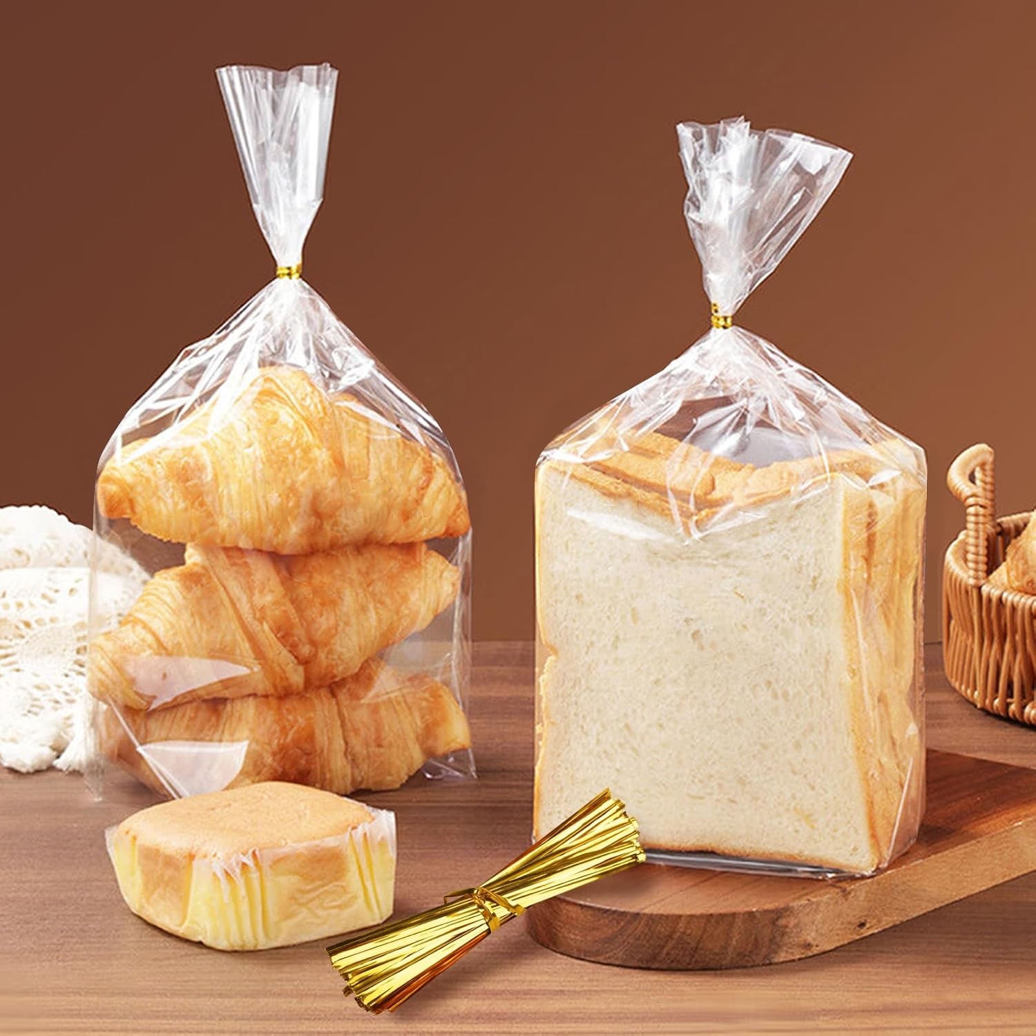 vivinin 70 Pack Bread Bags & 100 Pack Ties, 8" x 4" x 18" Clear Bread Bags for H