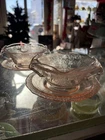 pink florentine selenium glass 4 peices handled bowl saucer dessert fruit dish
