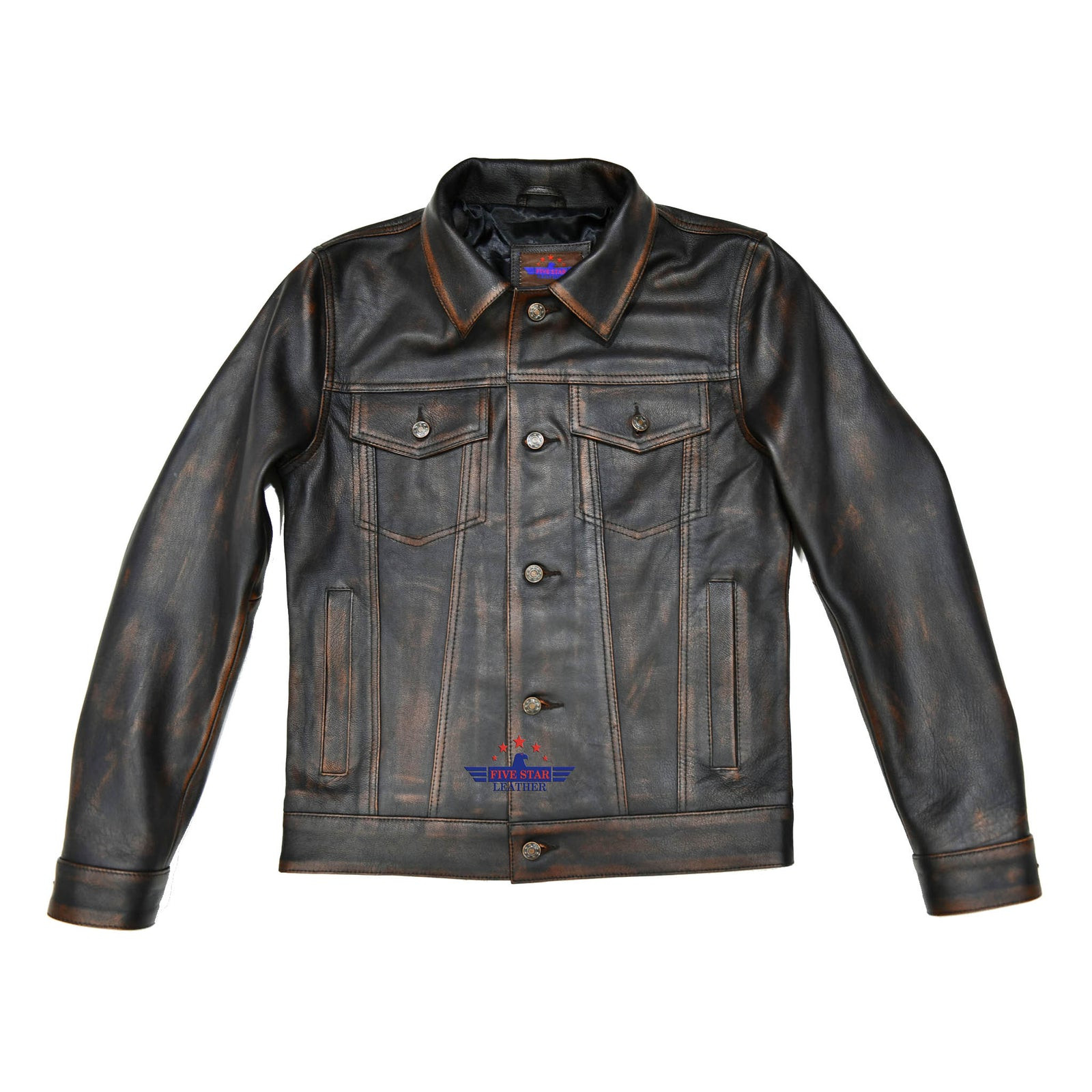 Men Trucker Real Goatskin Western Denim Style Distressed Brown Leather Outerwear image 5