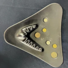 VTG MCM ATOMIC TABLE ASHTRAY HUGE BLACK POTTERY COINS BOOMERANG MOD 13” TRIANGLE