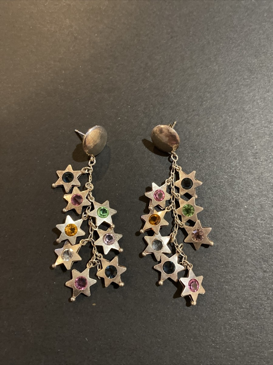 Vintage Sterling Silver 925 Multi Color Rhinestone Stars
