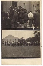 Raucous Men In Open Field & At Building Door Vtg 1910s RPPC Real Photo Postcard