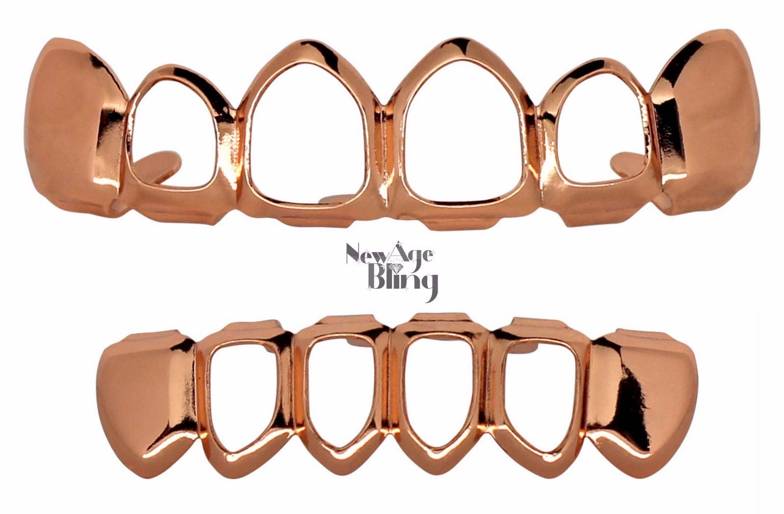 14k Rose Gold Plated Grillz All 4 Four Open Face Simulated CZ Top Teeth Grills E