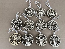 New 11 Pc Laser Cut Jeweled Wooden Christmas Ornaments Natural Finish Wood Edge