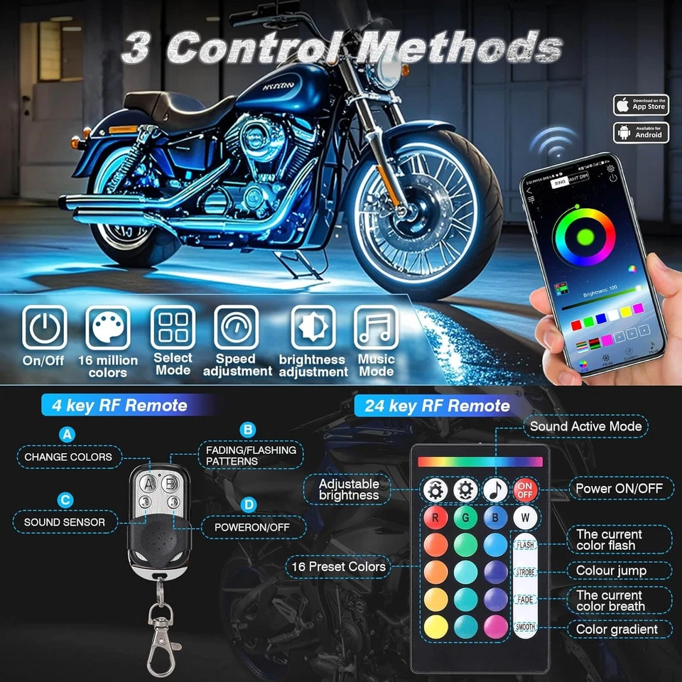 16PCS Motorcycle LED Light Kit with w/Handlebar Switch, RGB Multi-Color  - Image 3 of 4