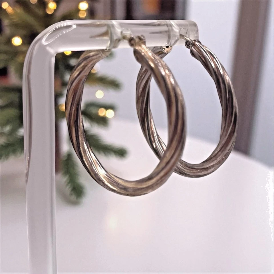 Pendientes de aro vintage italianos 925 con diseño de cable de cuerda trenzada de ley, 1 1/8" Foto 3 de 4