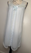 Vtg 60  s Shadowline Blue Nylon Chiffon Nightgown Embroidered Floral Pastel Small