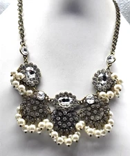 Signed ML Marley Lilly Clear Rhinestone Faux Pearl Dangle Bib Necklace Vintage