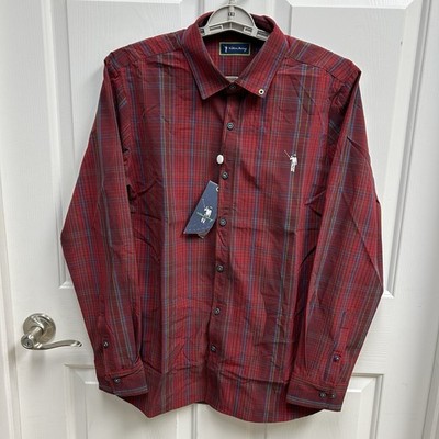 William Murray Mens M Performance Golf Shirt Button Down Red Tartan Plaid Logo