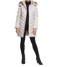 Kenneth Cole Reaction Birch Mid-Length Chevron Quilted Hooded Puffer Jacket Coat