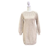 Sweater Dress Beige Knit Lace Neck Long Sleeve Mini Casual Pullover SZ XS
